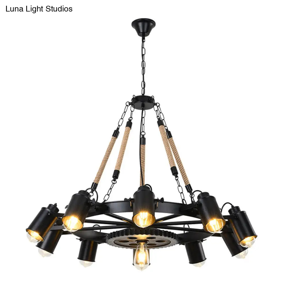 Black Rustic Wheel Suspension Iron Chandelier With Hemp Rope Decor