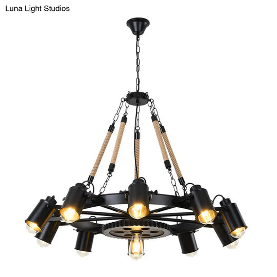 Black Rustic Wheel Suspension Iron Chandelier With Hemp Rope Decor