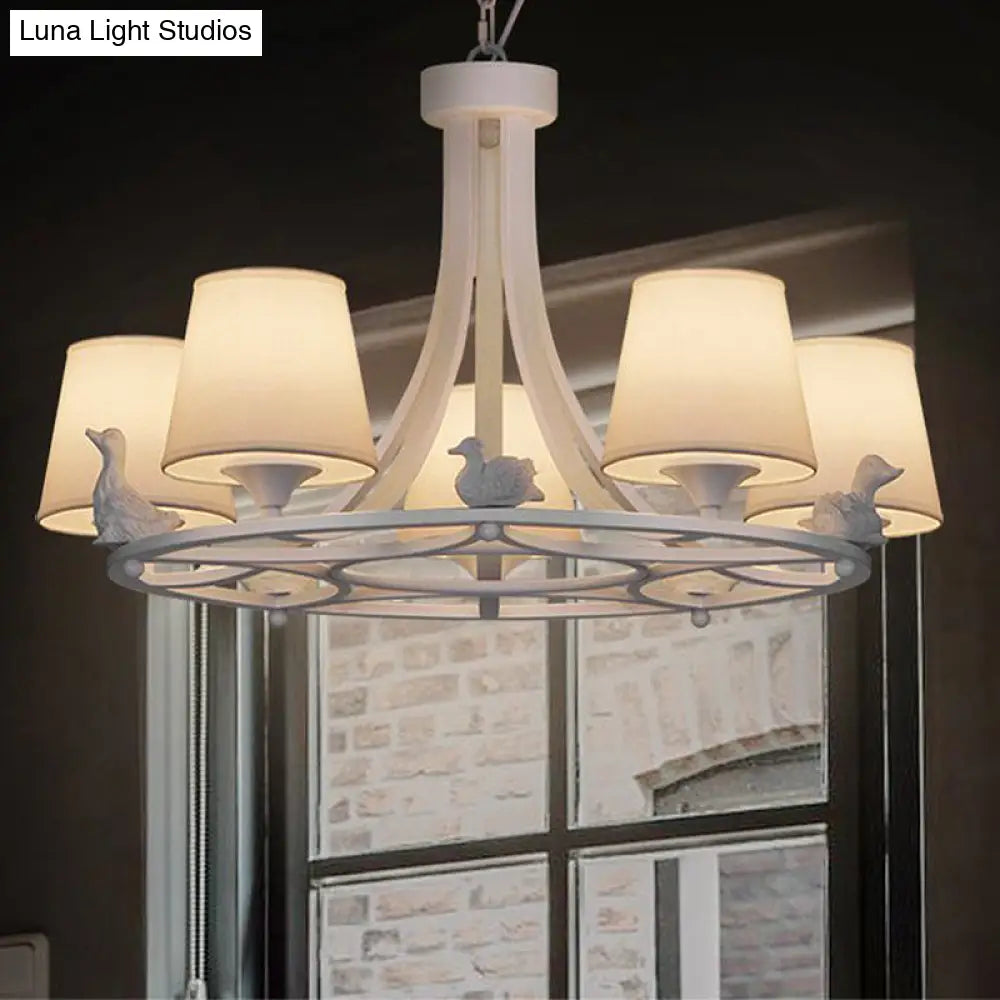 Rustic White Chandelier Lamp With 5 Fabric Cone Pendant Lights And Duck Decoration For Living Room