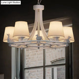 Rustic White Chandelier Lamp With 5 Fabric Cone Pendant Lights And Duck Decoration For Living Room