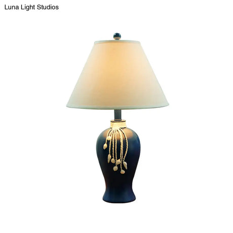 Rustic White Fabric Night Lamp With Blue Ceramic Bottle Base