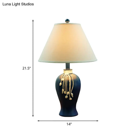 Rustic White Fabric Night Lamp With Blue Ceramic Bottle Base