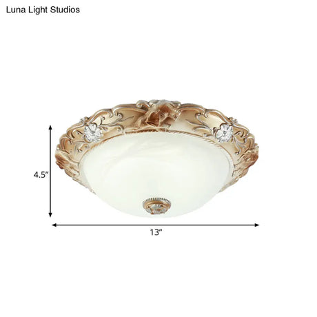 Rustic White Glass Bowl Flush Mount Light With Carved Edge - 2/3 Bulbs 13’/17’ Wide
