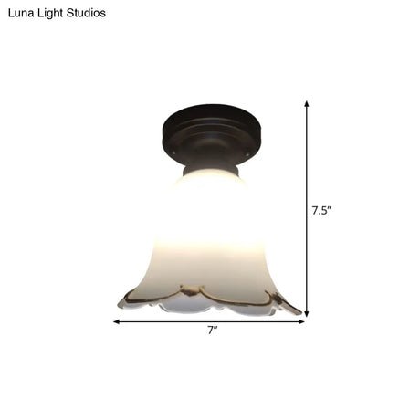 Rustic White Glass Ceiling Light For Hallways - 1 Bulb Black Flush Mount Fixture