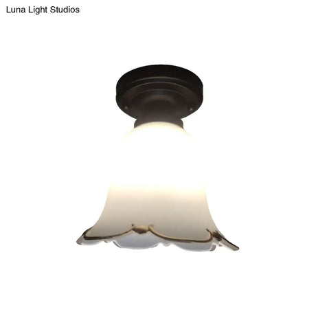 Rustic White Glass Ceiling Light For Hallways - 1 Bulb Black Flush Mount Fixture