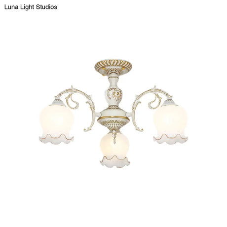 Rustic White Glass Flower Semi Flush Mount Light Fixture With 3/5/6 Bulbs For Living Rooms