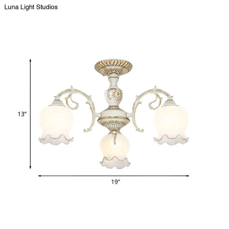 Rustic White Glass Semi Flush Mount Light Fixture With Beige Finish - Flower Living Room 3/5/6 Bulbs