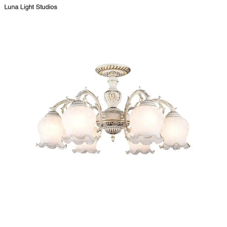 Rustic White Glass Semi Flush Mount Light Fixture With Beige Finish - Flower Living Room 3/5/6 Bulbs