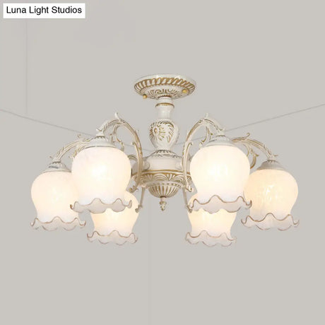 Rustic White Glass Semi Flush Mount Light Fixture With Beige Finish - Flower Living Room 3/5/6 Bulbs