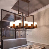 Rustic White Glass Square Restaurant Island Light With 8 Lights & Bronze Ceiling Mount -
