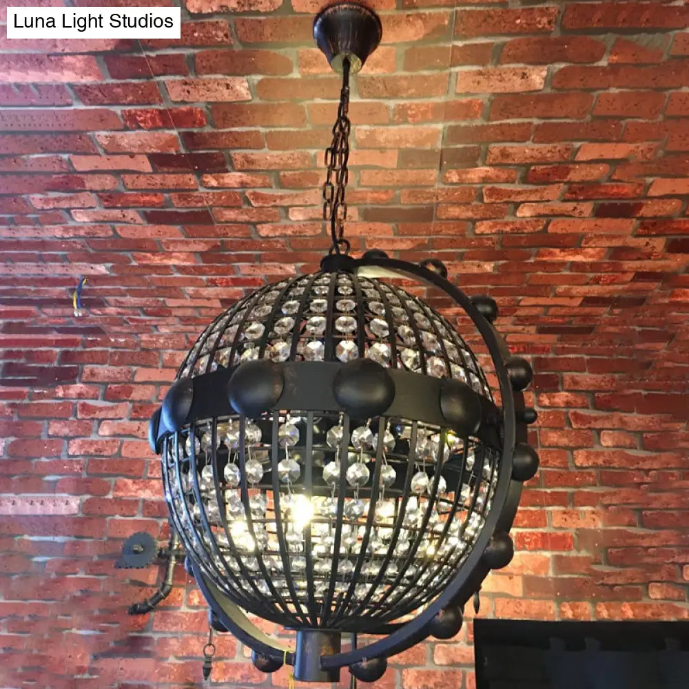 Rustic Wire Cage Globe Chandelier - 6 Bulbs Beveled Crystal Pendant Black Ceiling Light