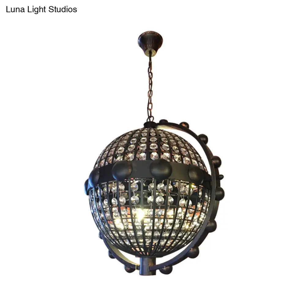 Rustic Wire Cage Globe Chandelier - 6 Bulbs Beveled Crystal Pendant Black Ceiling Light