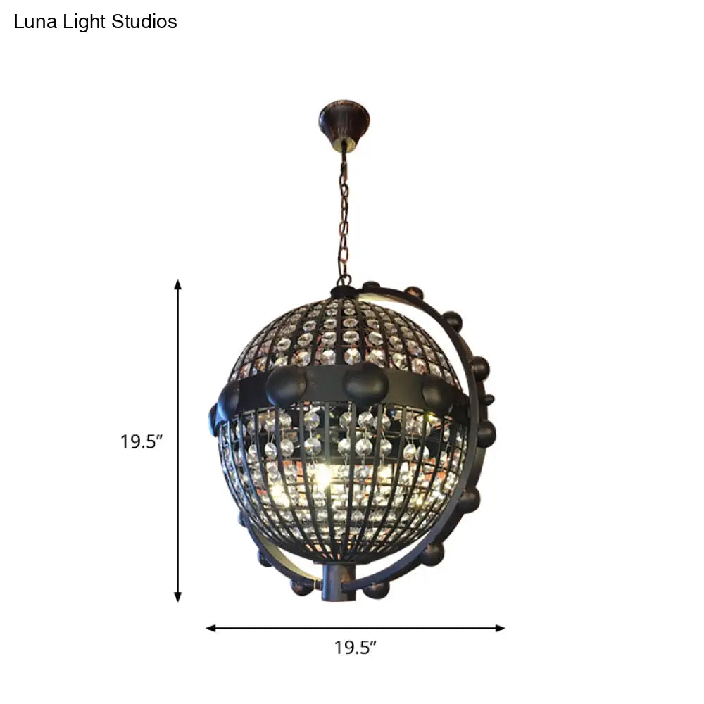 Rustic Wire Cage Globe Chandelier - 6 Bulbs Beveled Crystal Pendant Black Ceiling Light