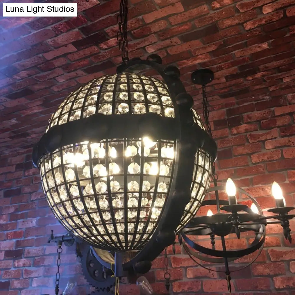 Rustic Wire Cage Globe Chandelier - 6 Bulbs Beveled Crystal Pendant Black Ceiling Light