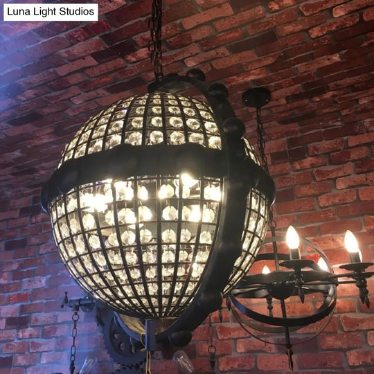 Rustic Wire Cage Globe Chandelier - 6 Bulbs Beveled Crystal Pendant Black Ceiling Light