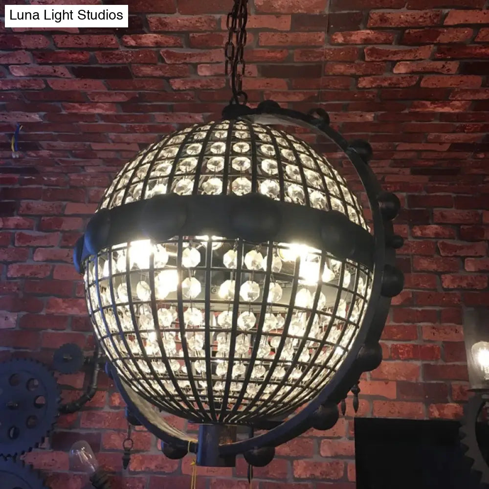 Rustic Wire Cage Globe Chandelier - 6 Bulbs Beveled Crystal Pendant Black Ceiling Light