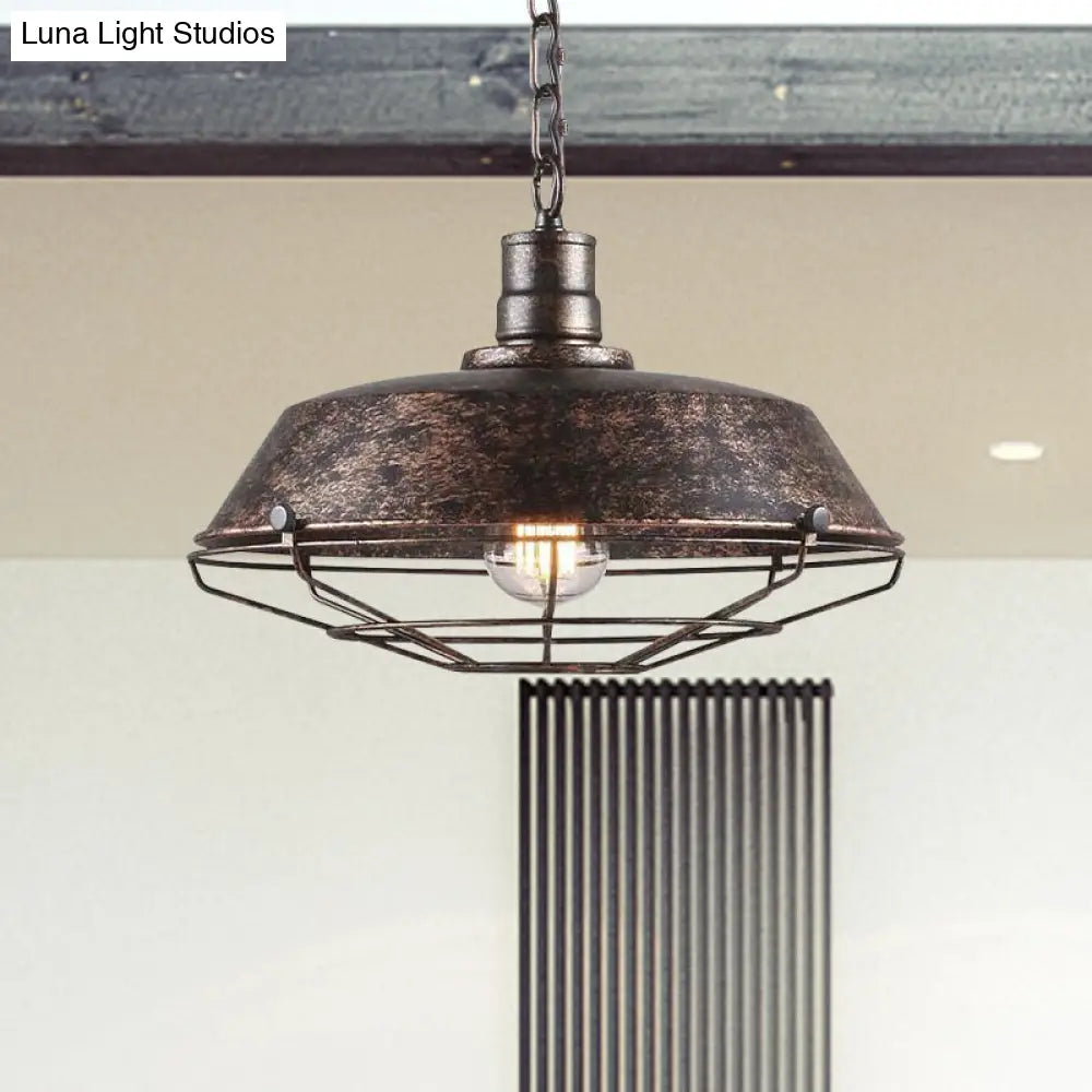 Wire Cage Pendant Light With Rustic Barn Shade - 1 Iron Fixture In Antique Brass/Rust 10-18 Width