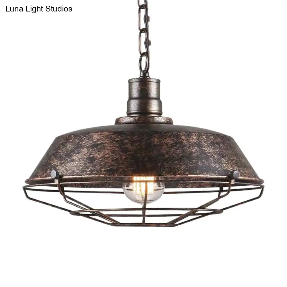 Wire Cage Pendant Light With Rustic Barn Shade - 1 Iron Fixture In Antique Brass/Rust 10-18 Width