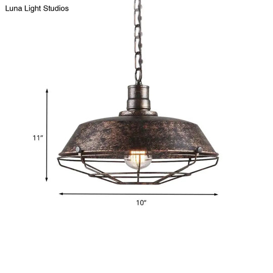 Wire Cage Pendant Light With Rustic Barn Shade - 1 Iron Fixture In Antique Brass/Rust 10-18 Width
