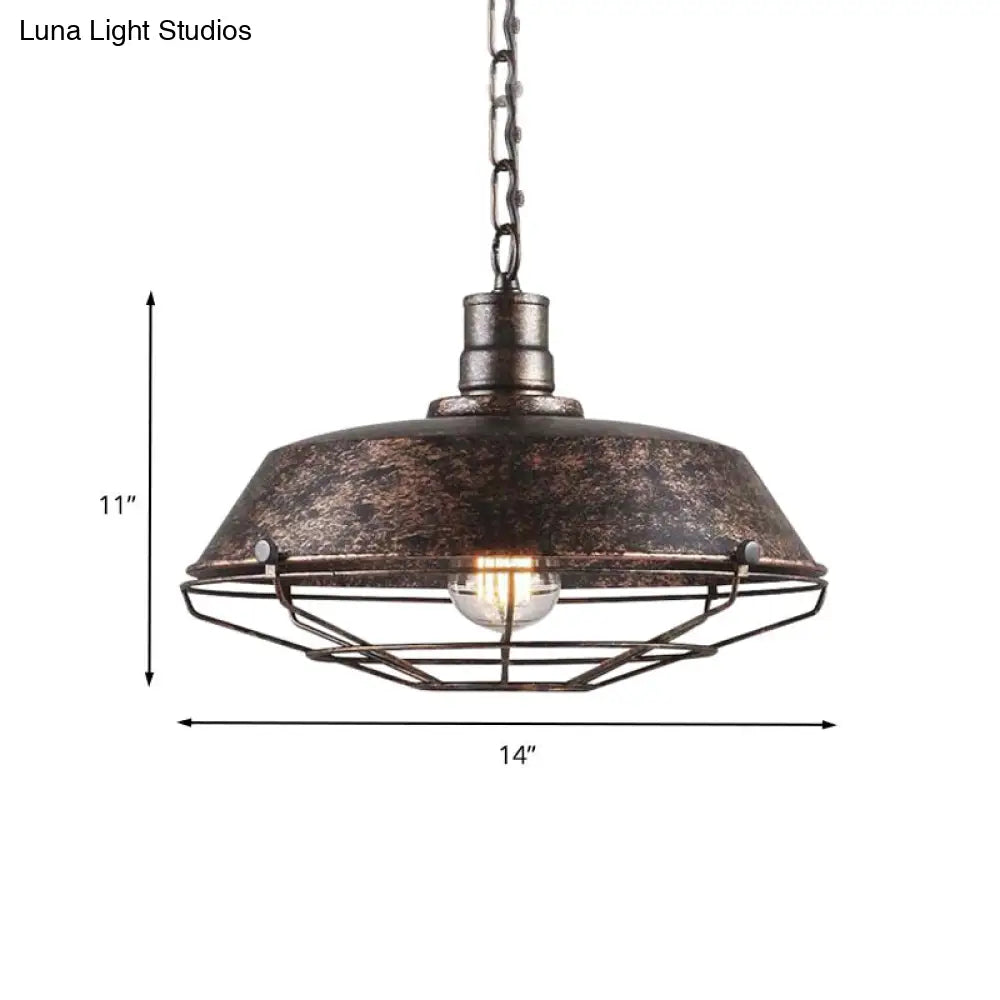 Rustic Wire Cage Pendant Light With Barn Shade In Antique Brass/Rustic Finish 1 10’/14’/18’ Width
