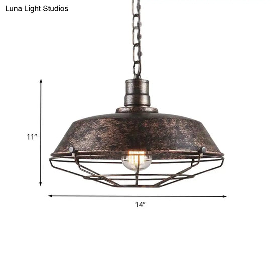 Rustic Wire Cage Pendant Light With Barn Shade In Antique Brass/Rustic Finish 1 10’/14’/18’ Width