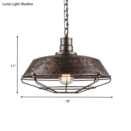 Rustic Wire Cage Pendant Light With Barn Shade In Antique Brass/Rustic Finish 1 10’/14’/18’ Width
