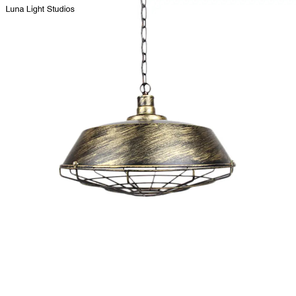 Wire Cage Pendant Light With Rustic Barn Shade - 1 Iron Fixture In Antique Brass/Rust 10-18 Width