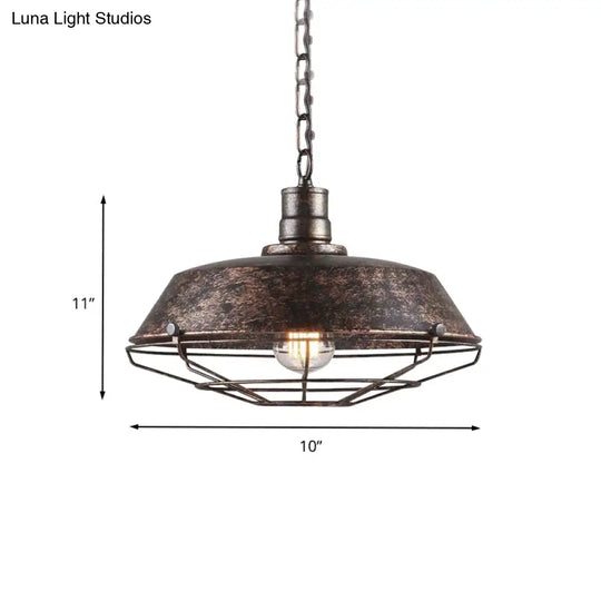 Rustic Wire Cage Pendant Light With Barn Shade In Antique Brass/Rustic Finish 1 10’/14’/18’ Width