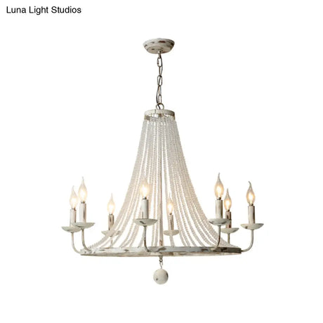 Rustic Wood Bead Chandelier With Clear Crystals - Vintage Wagon Wheel Pendant Light For Living Room