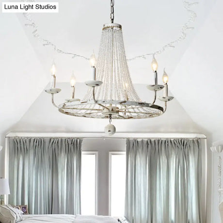 Rustic Wood Bead Chandelier With Clear Crystals - Vintage Wagon Wheel Pendant Light For Living Room