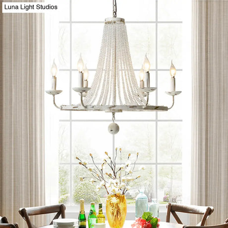 Rustic Wood Bead Chandelier With Clear Crystals - Vintage Wagon Wheel Pendant Light For Living Room