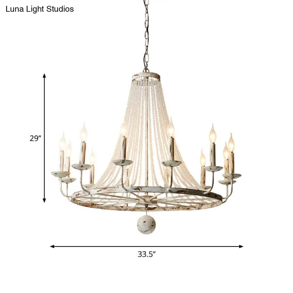 Rustic Wood Bead Chandelier With Clear Crystals - Vintage Wagon Wheel Pendant Light For Living Room