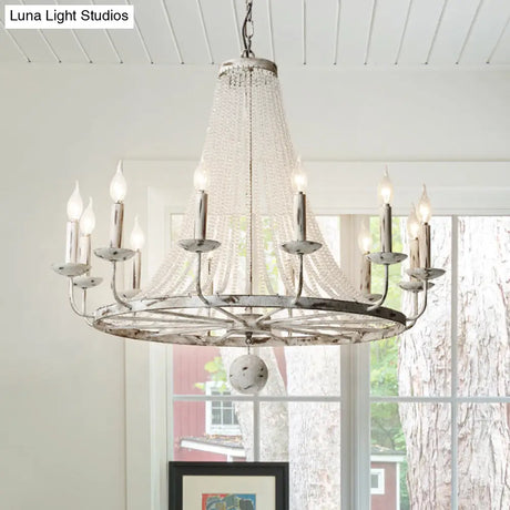 Rustic Wood Bead Chandelier With Clear Crystals - Vintage Wagon Wheel Pendant Light For Living Room