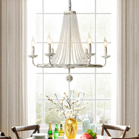Rustic Wood Bead Chandelier With Clear Crystals - Vintage Wagon Wheel Pendant Light For Living Room