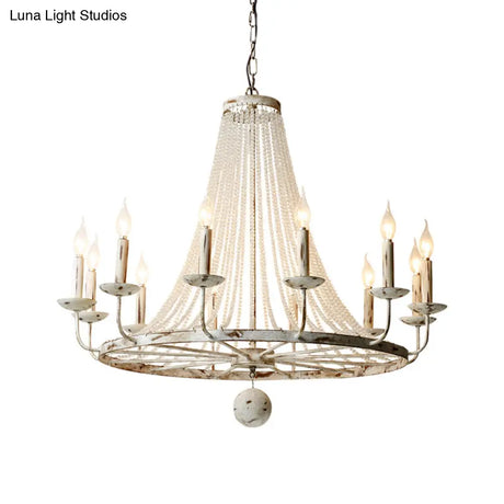 Rustic Wood Bead Chandelier With Clear Crystals - Vintage Wagon Wheel Pendant Light For Living Room
