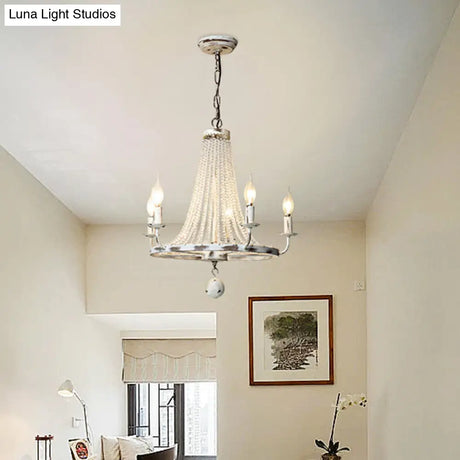 Rustic Wood Bead Chandelier With Clear Crystals - Vintage Wagon Wheel Pendant Light For Living Room
