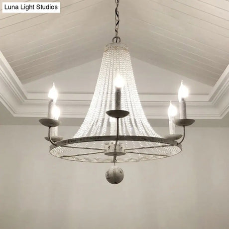 Rustic Wood Bead Chandelier With Clear Crystals - Vintage Wagon Wheel Pendant Light For Living Room