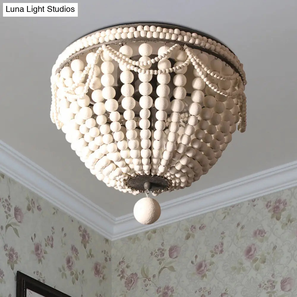 Rustic Wood Beaded Dome Flushmount Chandelier - 3 Bulb Ceiling Mount For Dining Table