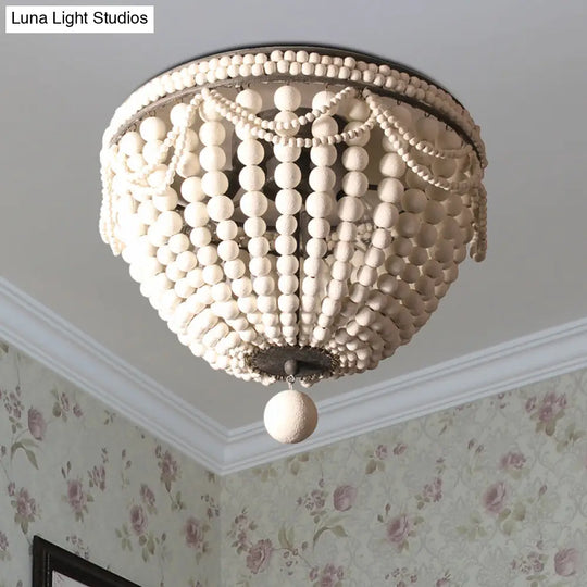 Rustic Wood Beaded Dome Flushmount Chandelier - 3 Bulb Ceiling Mount For Dining Table
