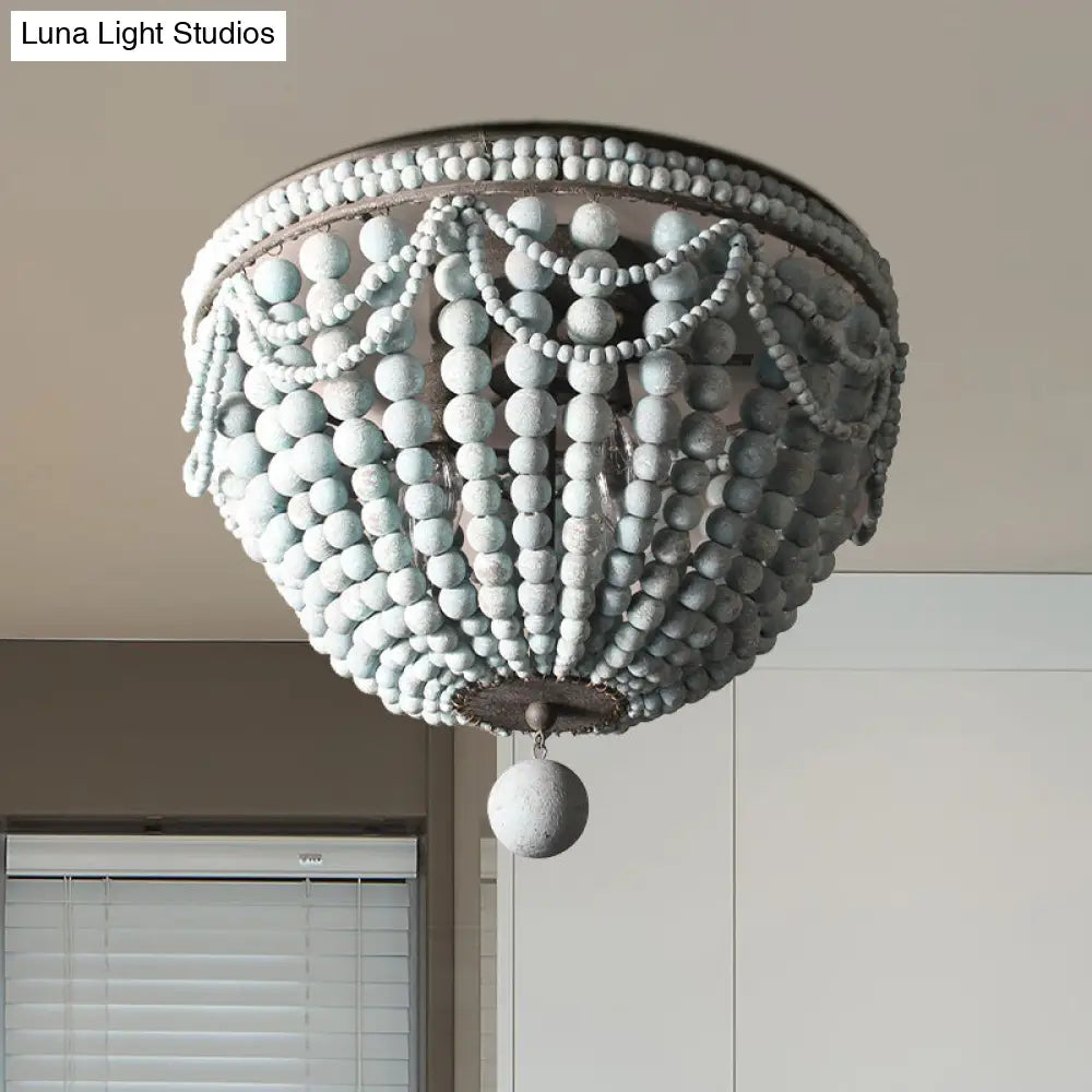 Rustic Wood Beaded Dome Flushmount Chandelier - 3 Bulb Ceiling Mount For Dining Table