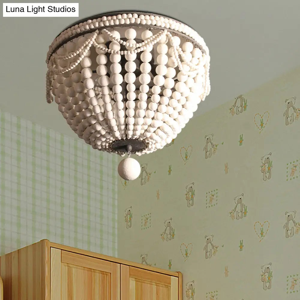Rustic Wood Beaded Dome Flushmount Chandelier - 3 Bulb Ceiling Mount For Dining Table