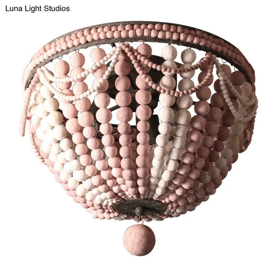 Rustic Wood Beaded Dome Flushmount Chandelier - 3 Bulb Ceiling Mount For Dining Table