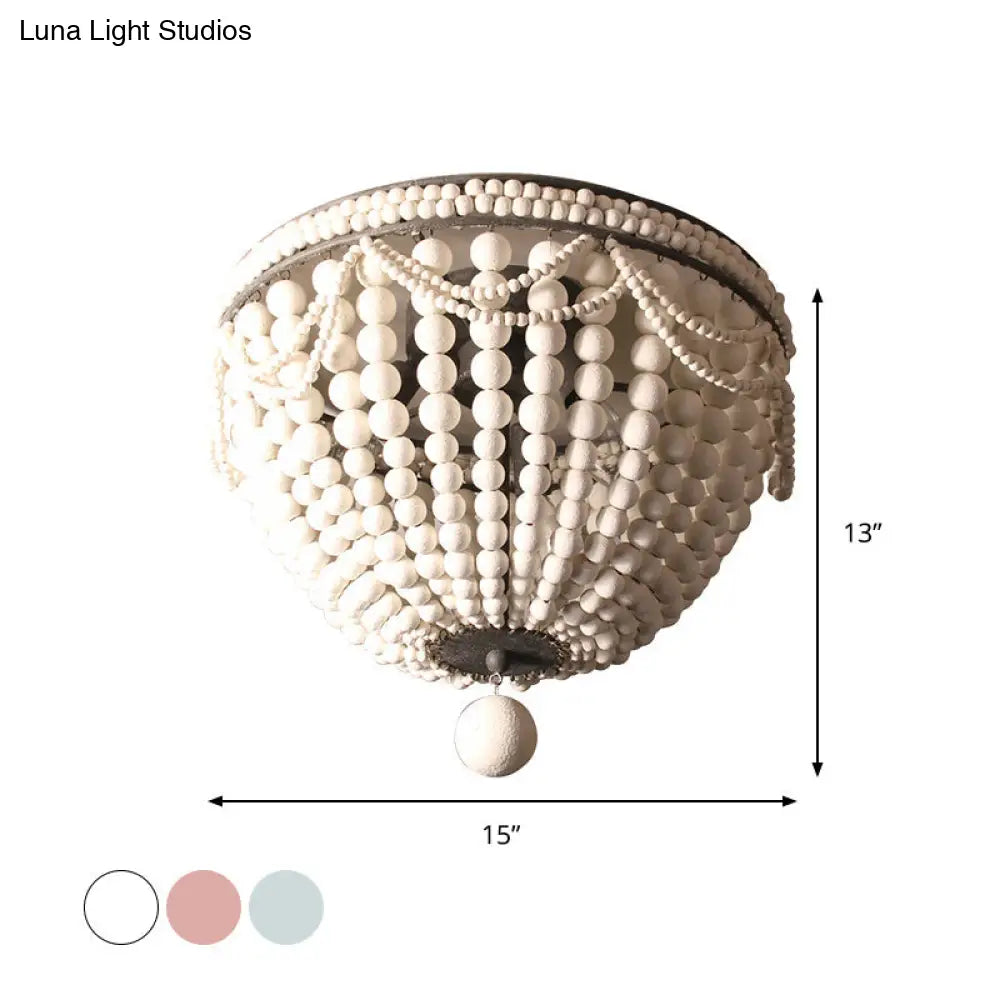 Rustic Wood Beaded Dome Flushmount Chandelier - 3 Bulb Ceiling Mount For Dining Table