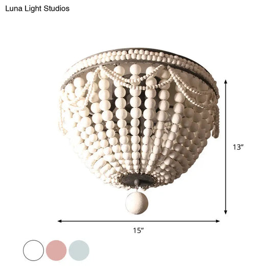Rustic Wood Beaded Dome Flushmount Chandelier - 3 Bulb Ceiling Mount For Dining Table