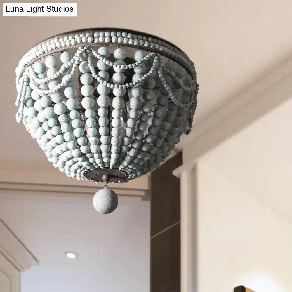 Rustic Wood Beaded Dome Flushmount Chandelier - 3 Bulb Ceiling Mount For Dining Table