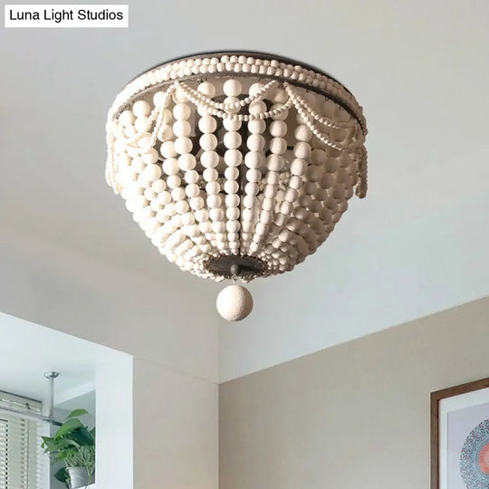Rustic Wood Beaded Dome Flushmount Chandelier - 3 Bulb Ceiling Mount For Dining Table