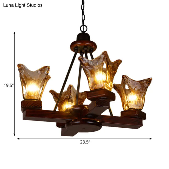 Rustic Wood Flower Chandelier With Tan Textured Glass 4/6 Lights Dining Pendant In Red Brown