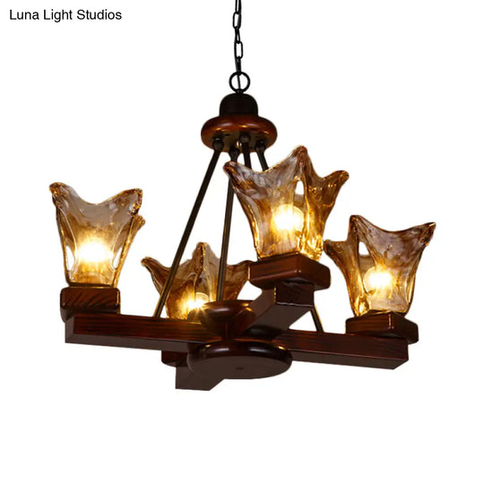 Rustic Wood Flower Chandelier With Tan Textured Glass 4/6 Lights Dining Pendant In Red Brown