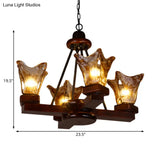 Rustic Wood Flower Chandelier With Tan Textured Glass 4/6 Lights Dining Pendant In Red Brown