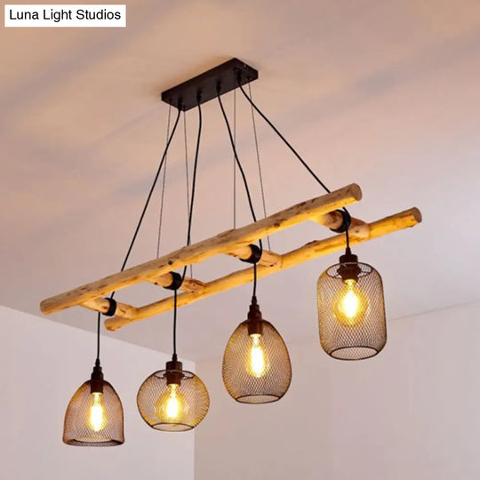 Rustic Wood Iron Mesh Suspension Lighting - 4-Bulb Dining Room Island Light